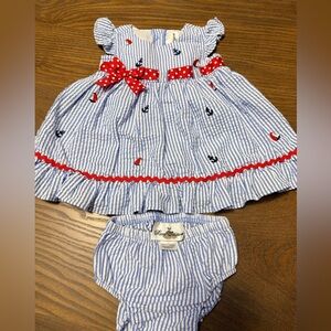 Rare Editions Blue and White Striped Dress with Red Bow